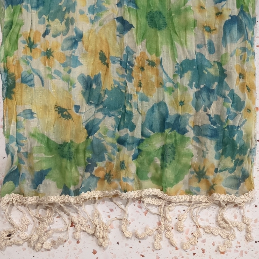 Floral Long Scarf Blue Green Yellow Crochet Look Dangles Natural